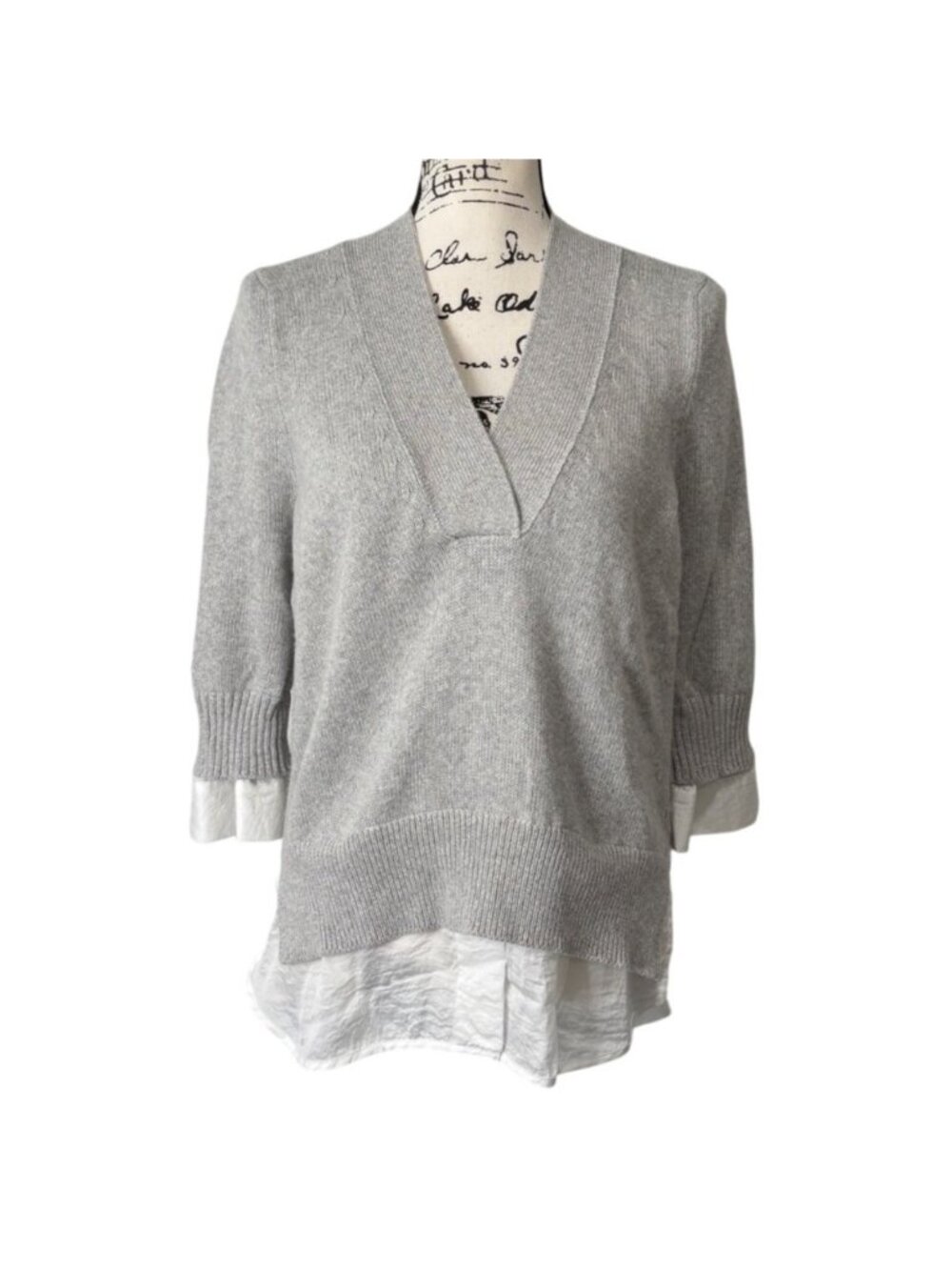 Brochu Walker Women Size L Cashmere Sweater Gray Layered-Look V-Neck White-Hem